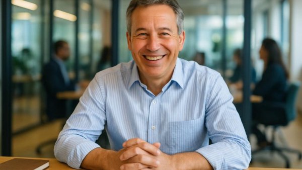 Smiling man in office meeting discussing Sicherheit von Passwortmanagern.