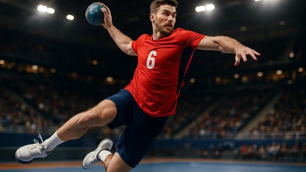 Wechsel von Justus Fischer zu THW Kiel: Handball action shot mid-air.