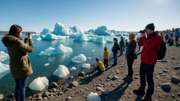 Eisberge an der Elbe, people enjoying icy river landscape.
