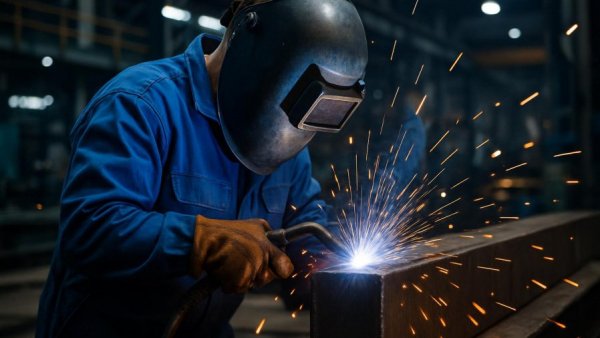 Familienbetriebe im Zollkrieg: worker welding in a factory with sparks flying.
