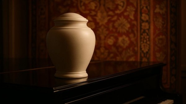 White urn on grand piano with red tapestry backdrop, Urne zu Hause aufbewahren.