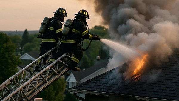 Firefighters extinguishing rooftop blaze in Grevesmühlen.