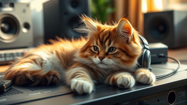 Fluffy cat lounging on audio equipment in sunlit room, Futternapf Überwachung Datenschutz.