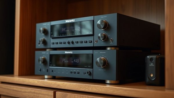 Sleek Marantz AV 30 and AMP 30 home theater combo in a cabinet.