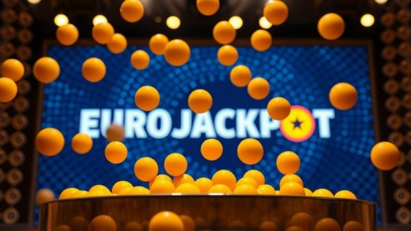 Eurojackpot Gewinnzahlen draw machine with yellow balls and logo backdrop.