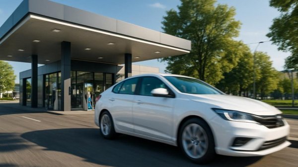 White car near fuel station, 'Wasser im E10' scenario.