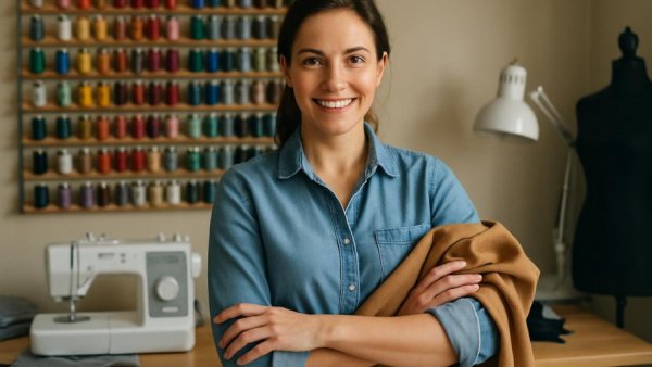 Woman fulfilling her dream of owning a tailoring shop.