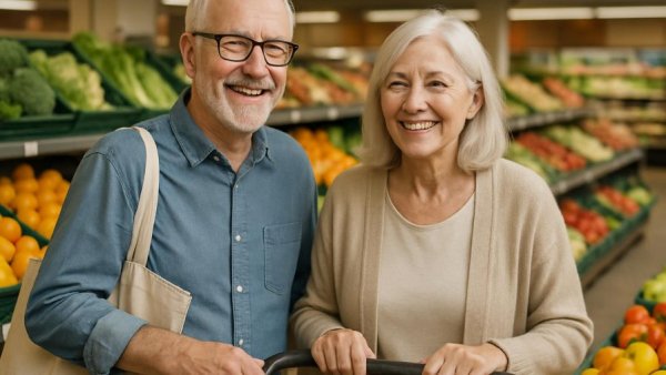 Elderly couple shopping at Edeka Lunks Ostenfeld surrounded by produce.