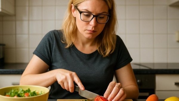 Blonde woman in a kitchen preparing meals for the homeless.