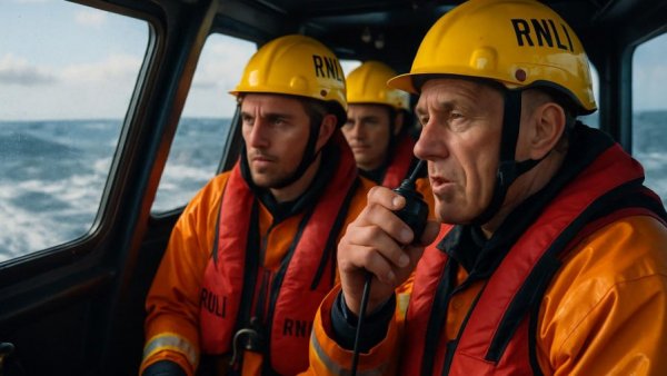 Lifeboat crew communicating via radio during a rescue operation