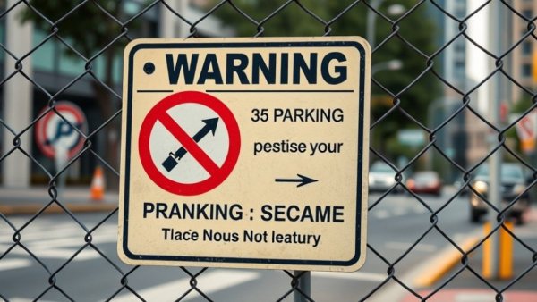 Warning sign indicating parking prohibition, mounted on fence.