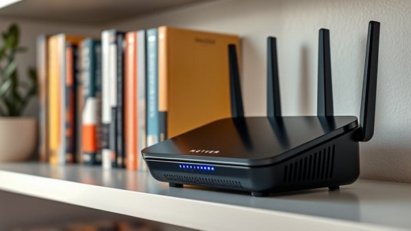 Sleek modern router on shelf with books and flowers, cozy home setting.
