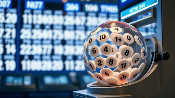 Lotto draw machine in operation, bright and modern studio.