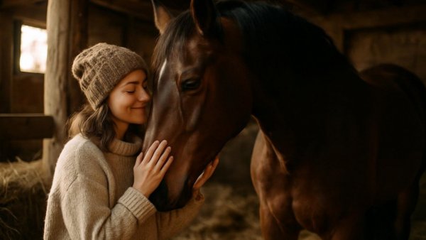 Woman interacts with a horse in a cozy stable, highlighting care.