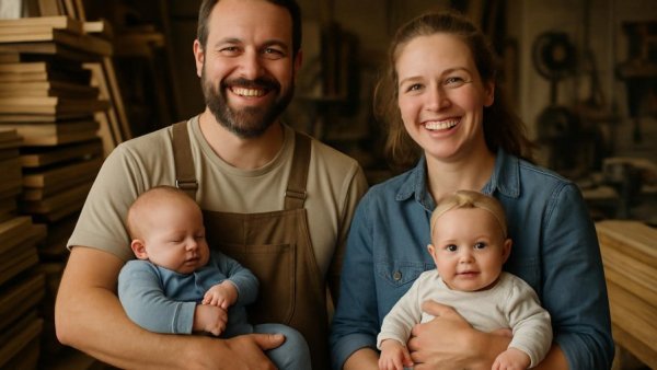 Joyful family with babies in woodworking shop, Tischler Meister Prüfung.