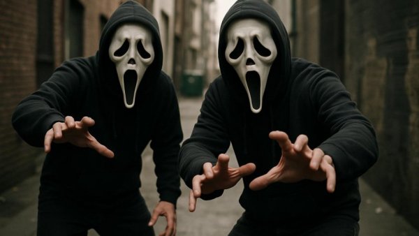 Ghostly figures in urban alley, evoking a Horror-Kostüme Verbot theme.