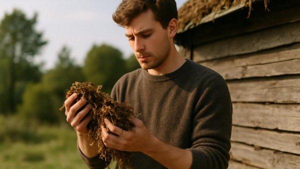 Man examining seaweed for insulation outside near wooden structure.