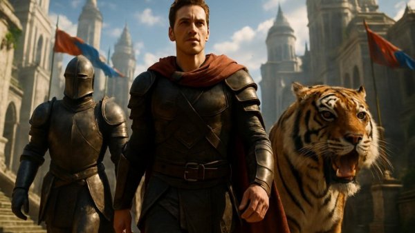 He-Man and allies in fantastical cityscape, Masters of the Universe He-Man Film 2026.