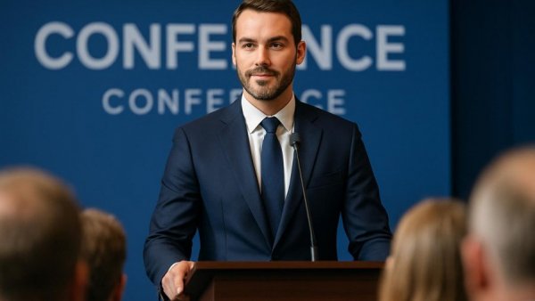 Speaker addressing audience at conference for Kushner Gaza Reconstruction Plan.