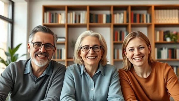 Virtual meeting with three people discussing Datenschutz Gerichte, smiling.