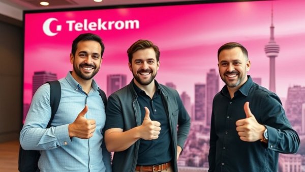 Telekom Ausbau von Glasfaser und 5G event with three men smiling and posing.