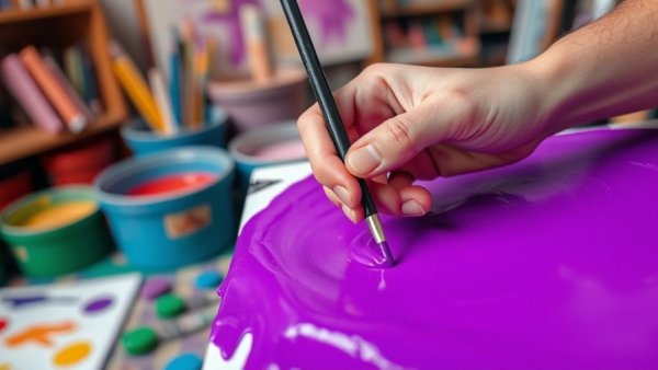 Hands using a tool with purple paint in an art studio, GRIMM’S Holzspielzeug fördern Kreativität.