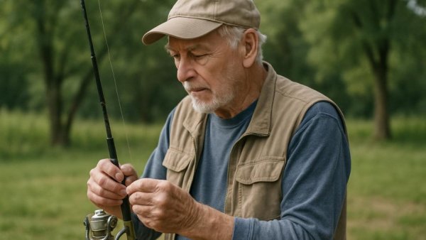 Elderly man preparing to fish in a grassy area in Stormarn.