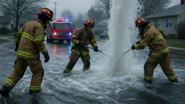 Firefighters managing Wasserrohrbruch in Reinbek with flooding street.