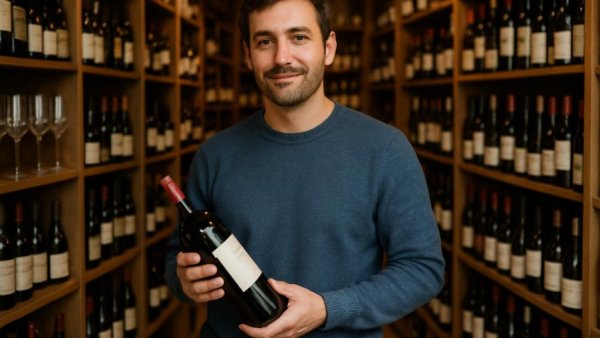 Casual man in wine shop, holding wine in Stormarn.
