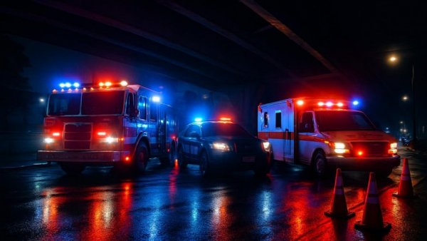 Emergency vehicles under bridge at night in Reinbek, responding to water main break.