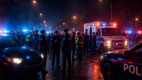 Emergency scene outside entertainment venue at night, Fun-Parc Prozess Trittau.
