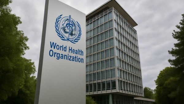 WHO building sign with cloudy sky, Austritt der USA aus der WHO.