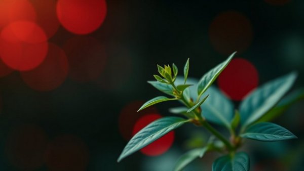 Winterfotografie mit Kontrasten: A green plant with red bokeh effect.
