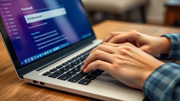 Hände tippen auf einer Laptop-Tastatur für sichere Passwörter.