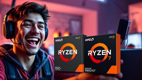AMD Ryzen 7 9850X3D gaming processor promo with excited gamer.