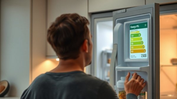 Person checking refrigerator energy label; Kühlschrank austauschen context.