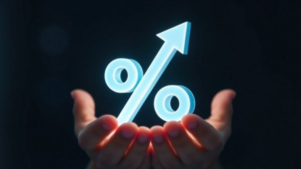 Tagesgeldangebot 2026 concept: glowing percentage symbol with growth arrow held in hands.