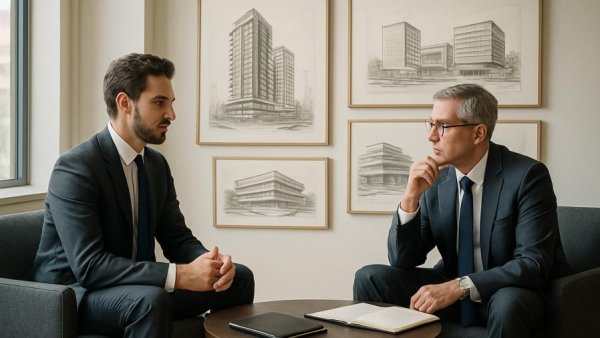 Hamburg Immobilien Pleite-Serie: businessmen discussing real estate in a modern office.