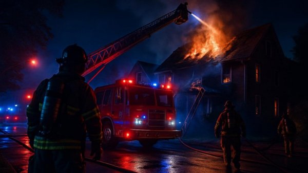 Dachgeschosswohnung ausgebrannt: Firetruck and responders at night scene with roof damage.