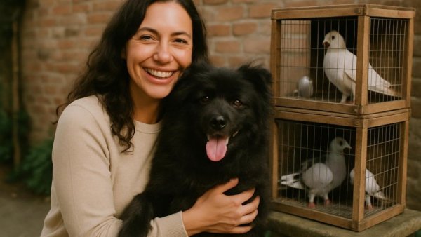 Hund Blacky und Tauben suchen neues Zuhause - two women with dog and pigeons.