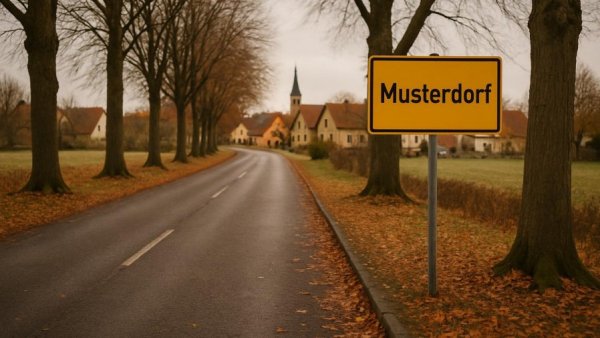 Gemeinde Steinburg rural road with autumn trees and village sign.