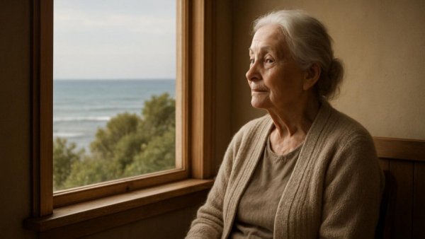 Elderly woman indoors, looking out at Rügen coast.