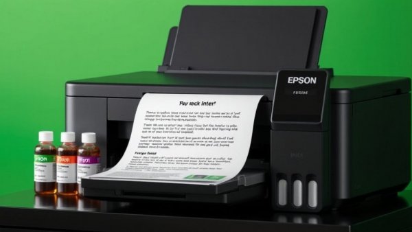 Modern Epson Drucker mit Tintenvorrat promotional display.