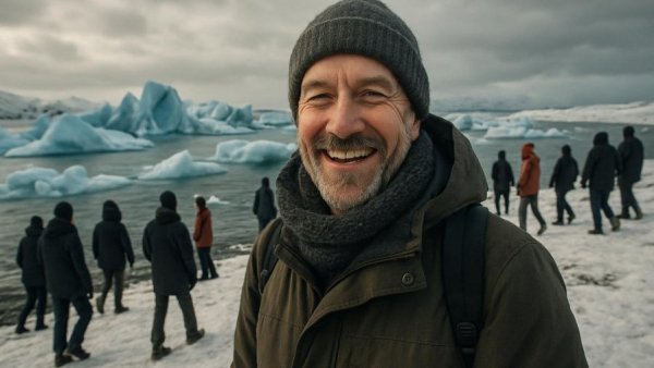 Mittelalter Mann lächelt am Elbe-Ufer mit Eisbergen, winterliche Szene.