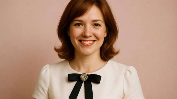 Elegant woman smiling with a black ribbon, neutral background.