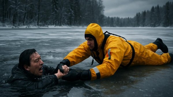 Rescue operation on frozen Stadtparksee Norderstedt, icy winter scene.