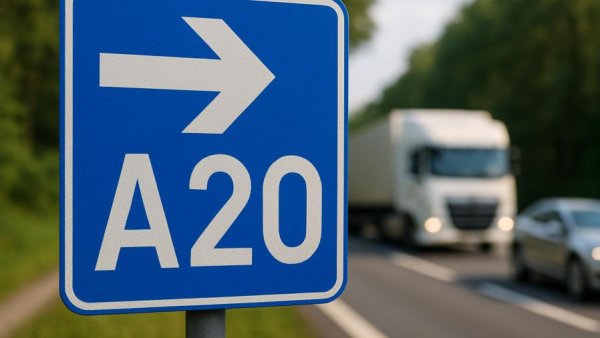 A20 road sign with traffic in Schleswig-Holstein Niedersachsen