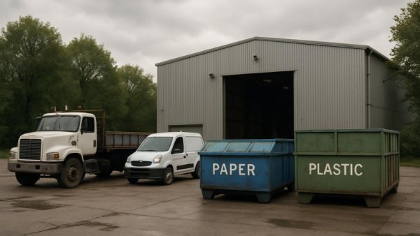 Recycling facility in Reinbek featuring parked cars and containers, overcast.