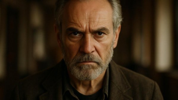 Gazing serious older man, photorealistic with a blurred background.