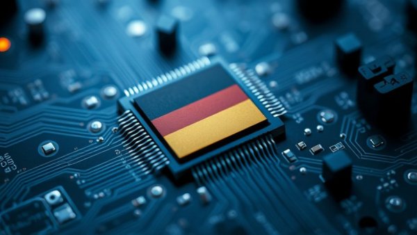 Schutz vor Nicht-EU-Übernahmen symbolized by German flag microchip on circuit board.